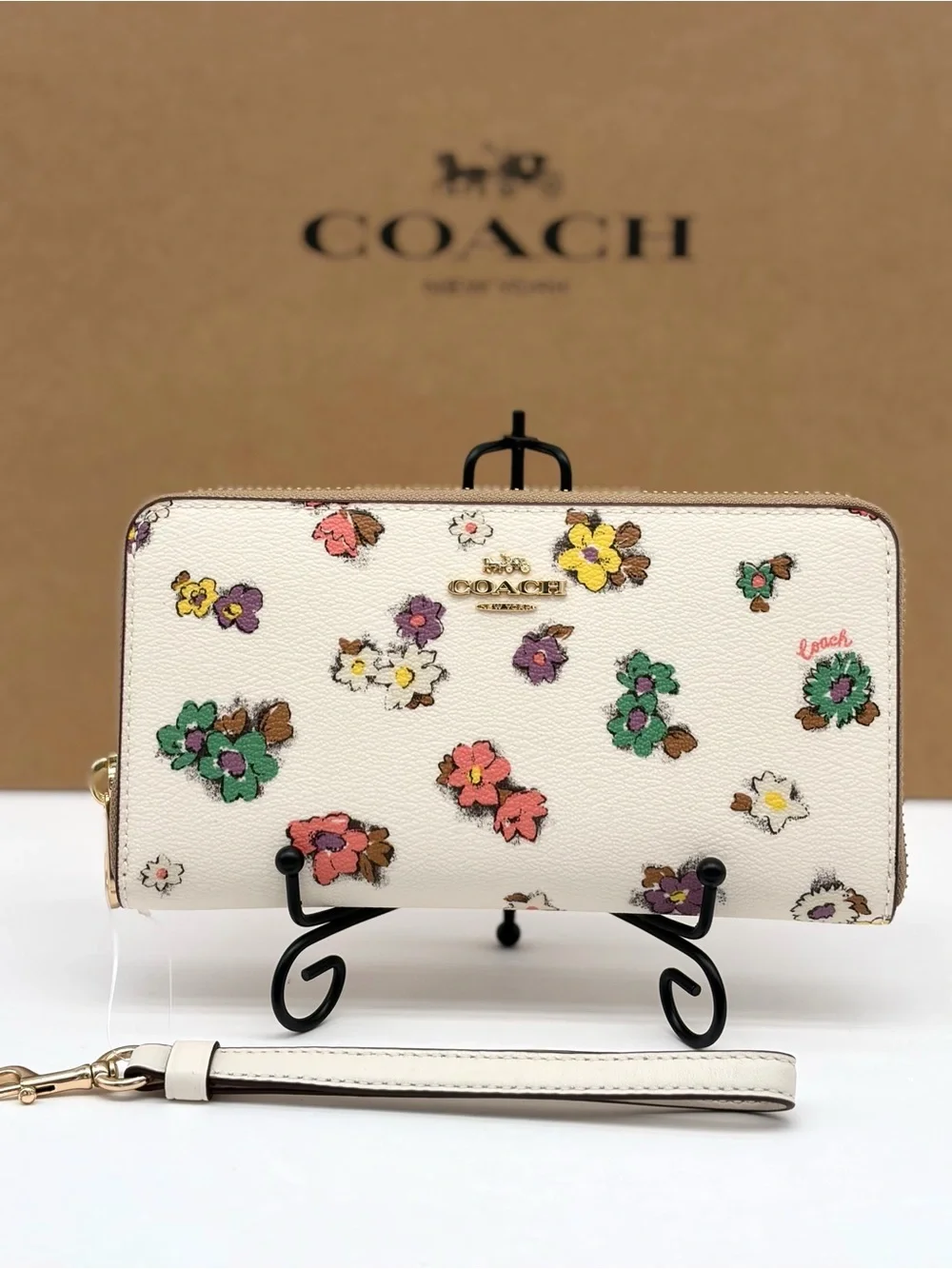 Coach Cream Floral Zip Wristlet Wallet with Multicolor Blooms